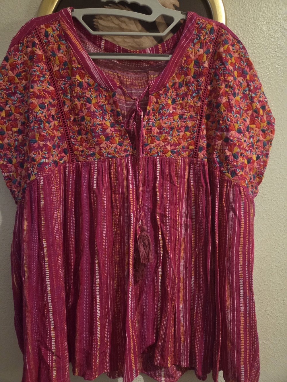 Embroidered Pink Boho Peasant Cotton Blouse 1X
